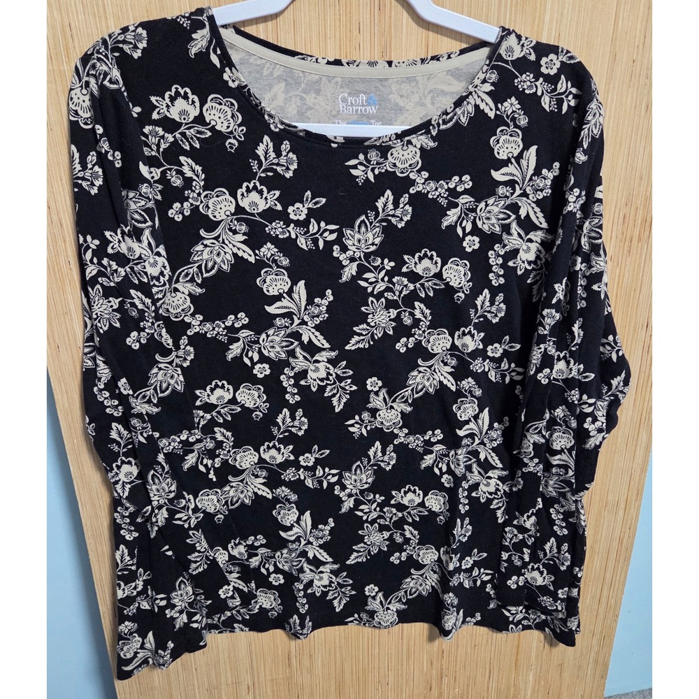 Croft & Barrow The Classic Tee Womens 1X Black White Floral Cotton Long Sleeve